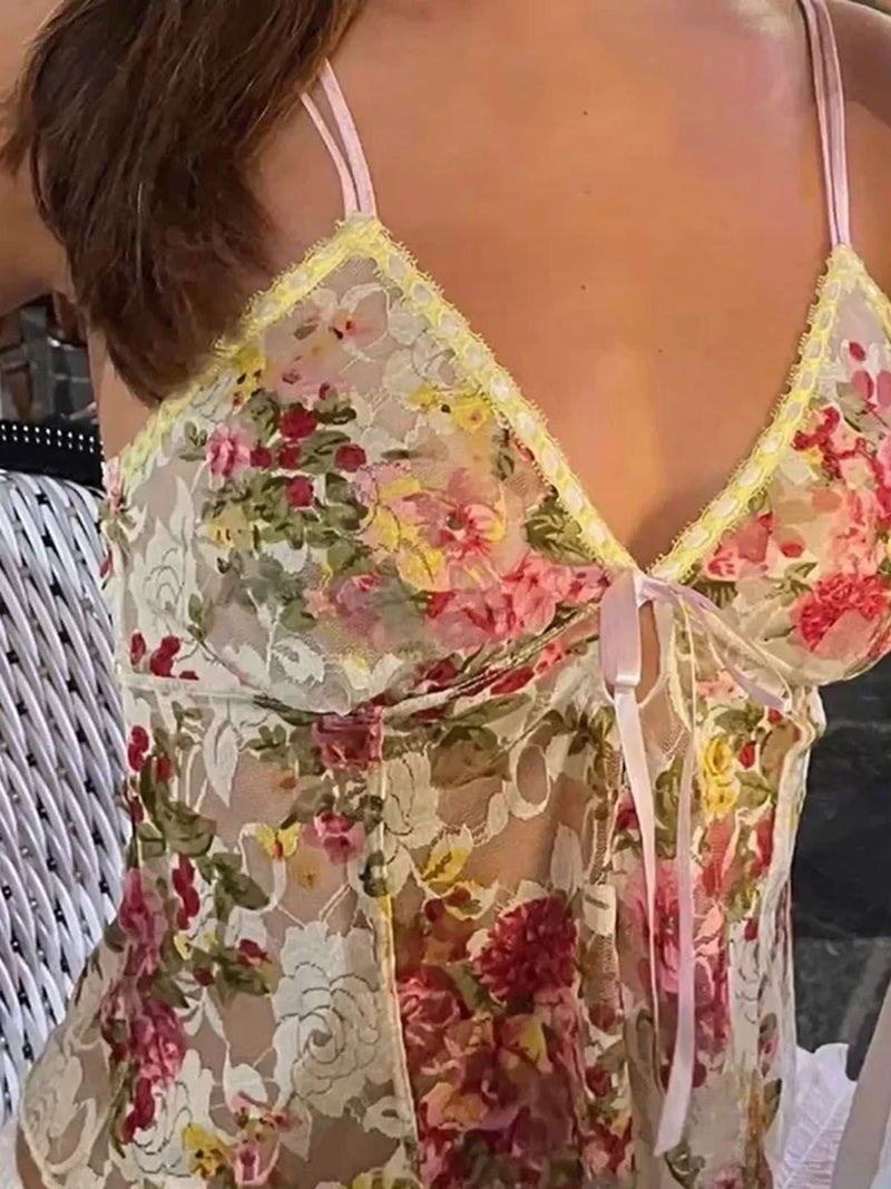 Women Spaghetti Strap Camisoles Floral Print V-Neck Tie-Up Front Sleeveless Sling Tank Tops Slim Fit Vests Crop Tops Y2k Summer