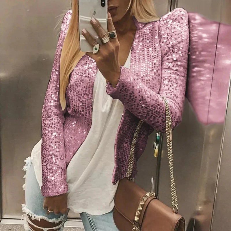 Fashionable round Neck Pure Color Sequin Jacket Short Casual Versatile Women's Spring New Arrival Outerwear Punk Style Coat