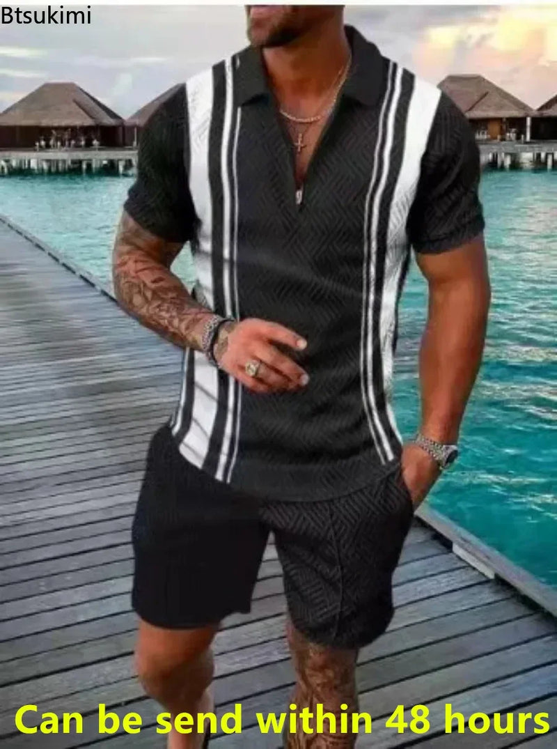 2025 Trend Men Streetwear Fashion Half Zip Polo Shirts+shorts 2 PCS Sets Men's 3D Digital Print Casual Suit New Male Tracksuits