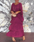 Fashion O-Neck Solid Commuter Long Dress Elegant Casual Layered Ruffle Edge Party Dress Bat Sleeve Chiffon Beach Vacation Dress