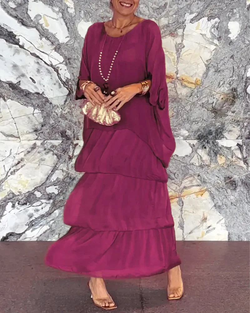 Fashion O-Neck Solid Commuter Long Dress Elegant Casual Layered Ruffle Edge Party Dress Bat Sleeve Chiffon Beach Vacation Dress