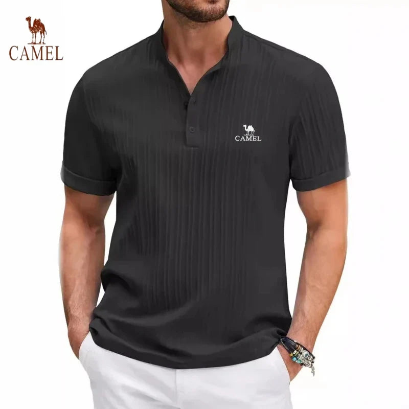 New High-end Embroidered Cotton and Linen Striped Henry Shirt for Men's Summer Casual Fashion Comfortable Breathable T-shirt Top