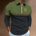 Mens Polo Shirts Retro Color Blocking Print Fashion Sport Lapel Golf Wear Men's T-Shirt Tops Casual Zipper Long Sleeve Clothing