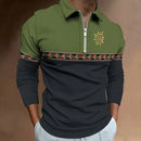 Mens Polo Shirts Retro Color Blocking Print Fashion Sport Lapel Golf Wear Men's T-Shirt Tops Casual Zipper Long Sleeve Clothing