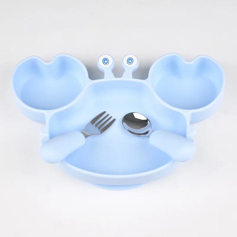 3Pcs/Set Baby Safe Silicone Dining Plate Food Feeding With Spoon Fork Cartoon Children Dishes Prevent Tipping Over And BPA Free
