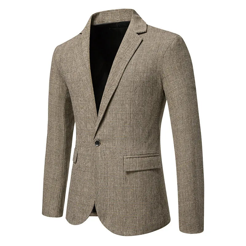 Classic Men's Casual Blazer Jackets SIngle Button Vintage Check Suit Coat Male Khaki