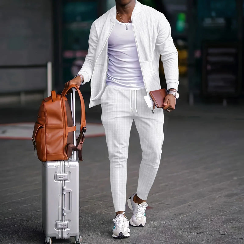 2025 new spring and autumn men stand collar solid color baseball casual Waffle full pants two men's suit men's wear