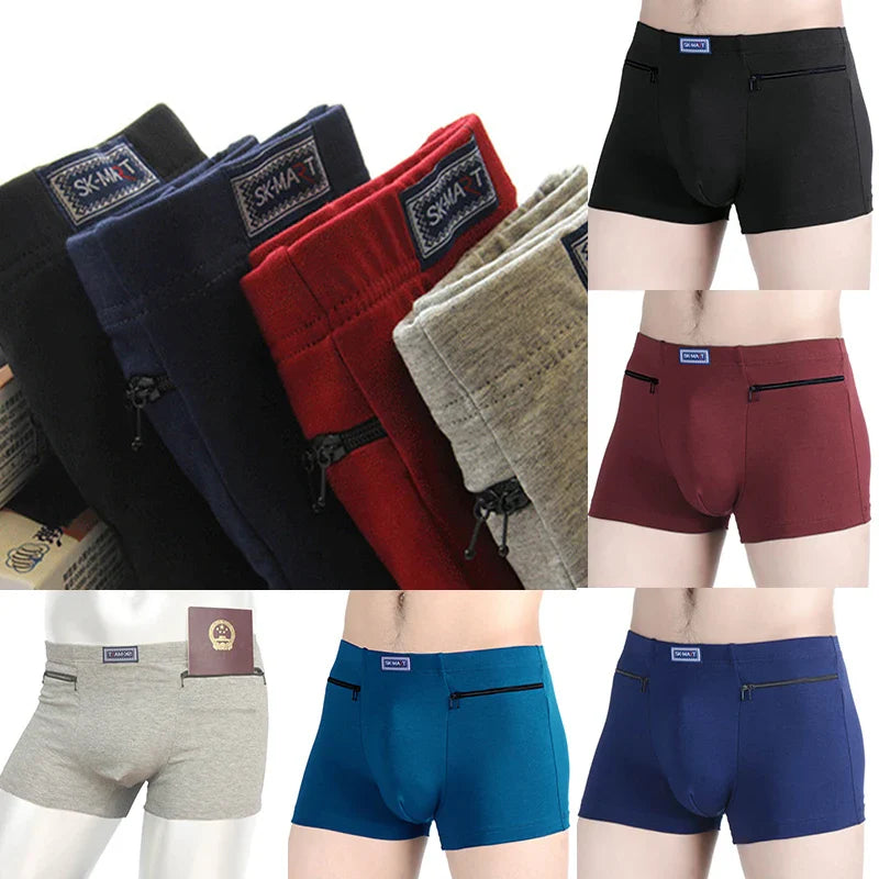 Men's Pockets Underwear Anti-Theft Briefs Boxer Panties Two Zippers Pockets Cotton Underpants Male Boxers Briefs Booty Shorts