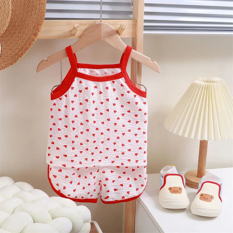Summer Children Sling Shorts Set Fashion Flower Girls Kids Cotton Thin Breathable Pajamas Cute Cartoon Baby Toddler Home Clothes