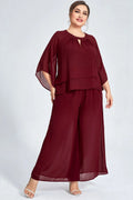 Women's Plus Size Formal Burgundy Chiffon Ruffle Sleeve Cut Out Wide Leg Two Piece Pant Suit Casual Office Lady Matching Sets