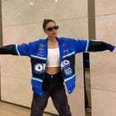 Zekye Spring Women Jacket Long Sleeve Racing Baseball Jacket Varsity Blue Printed Casual Loose Coat Motorcycle Jacket 2024
