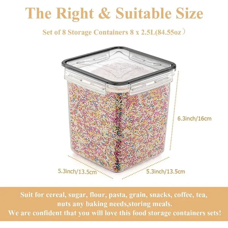 Cereal Container Food Storage Containers, Airtight Dry Food Storage Containers Set of 8 (2.5L/85oz) for Flour, Sugar, Cereal