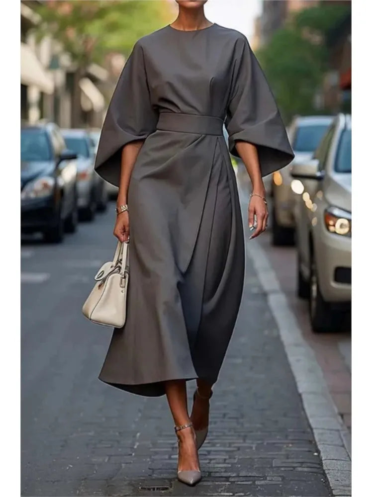 2025 Spring Summer New Women's Fashion Style Elegant Solid Color Waist Dress Casual Bat Sleeve Long Dress Vestidos Para Mujer