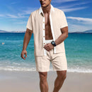 2025 summer men's beach light casual fashion city everything lapel button color shirt short-sleeved shorts set