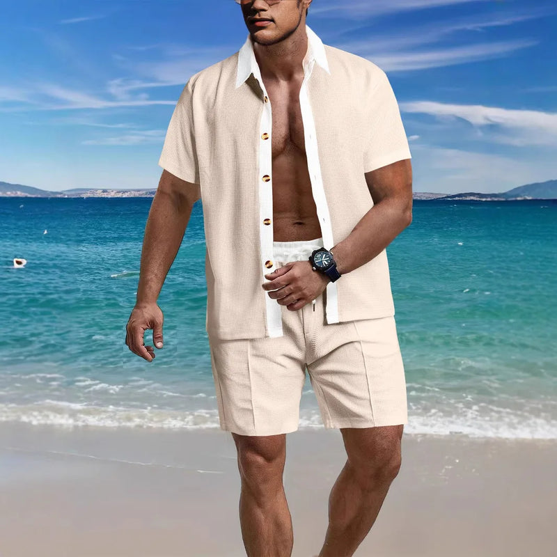 2025 summer men's beach light casual fashion city everything lapel button color shirt short-sleeved shorts set
