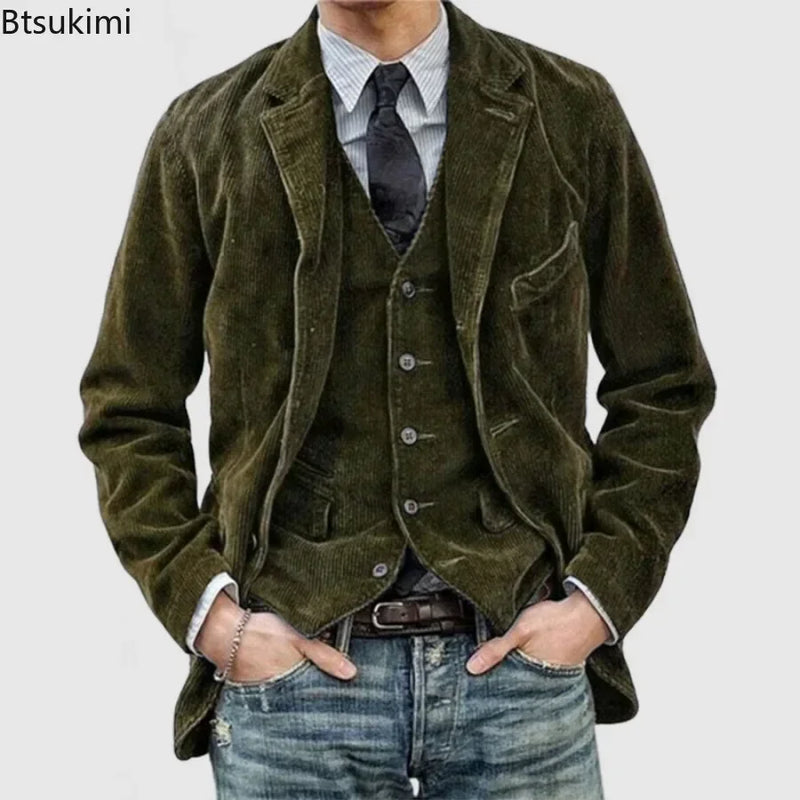 2025 Autumn Winter Men's Coat Jackets Corduroy Casual Suits With Shoulder Pads Fashion Lapel Long-Sleeved Solid Jacket Models