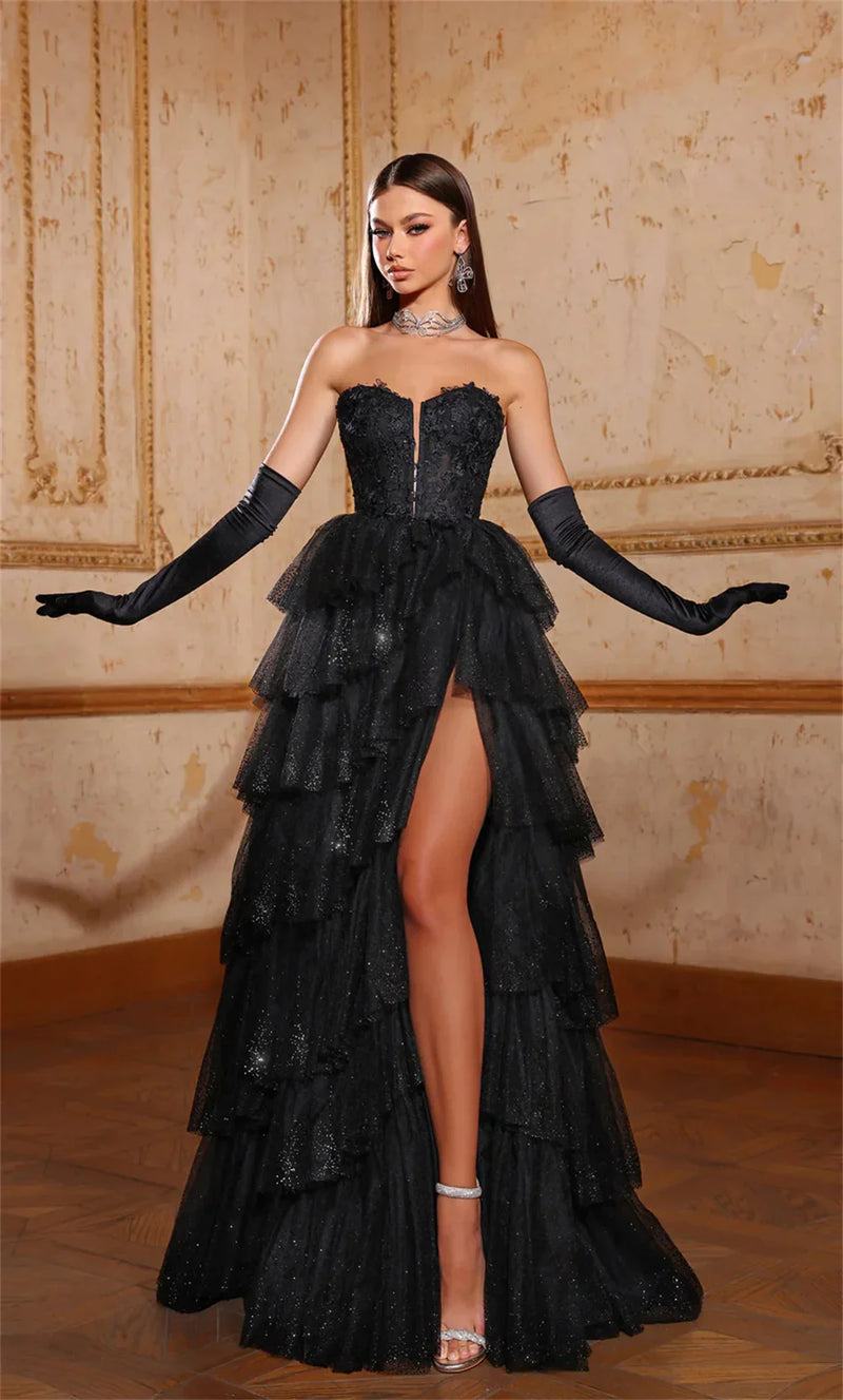 Jessica Black Lace Embroidery Prom Dresses Glitter Tulle Layering Prom Dress Formal Party Dressese Vestidos De Fiesta Customized