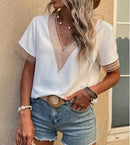 Women's Blouses Spring Summer Latest 2025 V-Neck Lace Casual Solid Color Shirt Short Sleeved T-Shirt Loose Fit Top Pullover