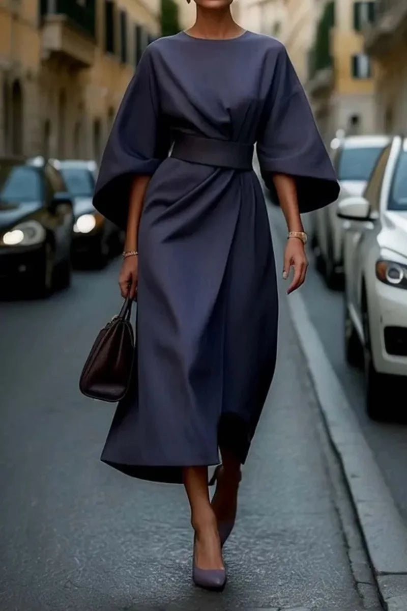 2025 Spring Summer New Women's Fashion Style Elegant Solid Color Waist Dress Casual Bat Sleeve Long Dress Vestidos Para Mujer