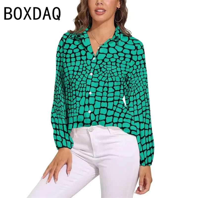 Blue Snakeskin Printed Vintage Blouse Oversize Women's Spring Summer Long Sleeve Lapel  Blouses Fashion OL Female Classic Shirt