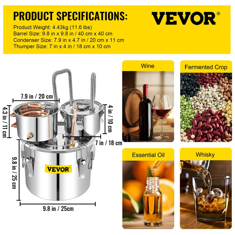 VEVOR 3/5/8/13.2 Gal Alcohol Brewing Distiller DIY Moonshine Apparatus Stainless Steel Still Whisky Beer Brandy Home Appliance