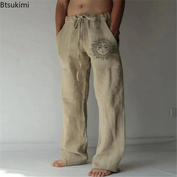 2025 Men's Cotton Linen Pants Oversized Jogger Sweatpants Casual Flower Print Plus Size Loose Wide Leg Pants Men Casual Trousers
