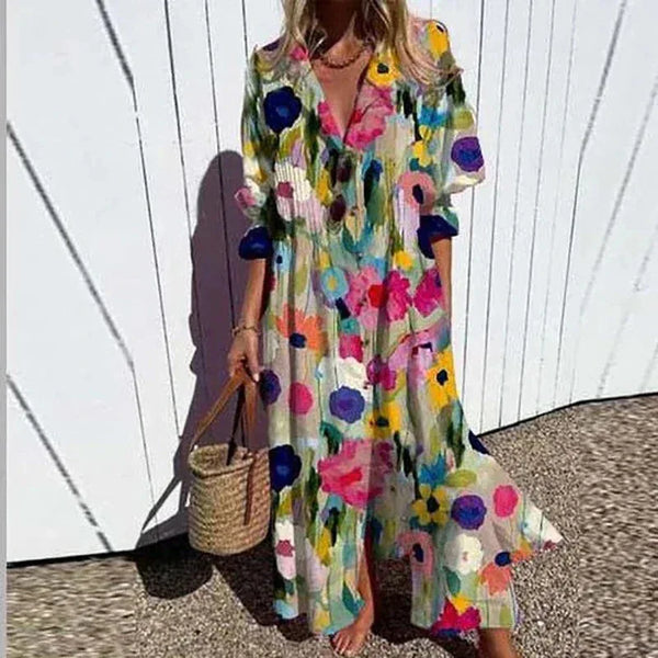 New Women's V-neck Single Breasted Shirt Dress Casual Loose Bohemian Long Dress 2025 Retro Pattern Printed Loose Vacation Dress