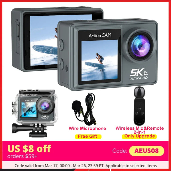 5K 4K60FPS Action Camera Dual IPS Touch LCD DVR EIS 170° 30M Waterproof 5X Zoom Sport Camera With Wireless Mic&Remote Control