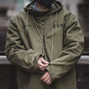 Spring Autumn Retro Cargo Drawstring Workwear Army Pullover Hood New Hoddies Military Male Windbreaker War Coat Work Clothes