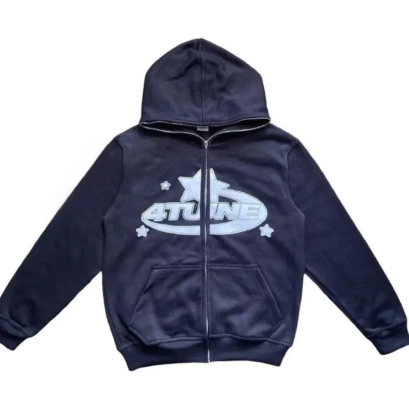 Star Letter Print Hoodies Men's Vintage Zipper Long Sleeve Loose Sweater Coat Harajuku Casual Hooded Sweatshirt Y2K Street Wear
