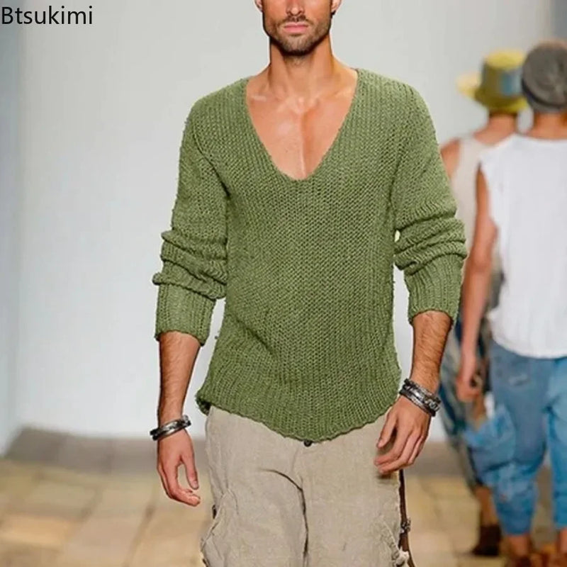 Oversized Loose Knitted Thin Sweaters for Men Fashion V-neck Long Sleeved Casual Knit Pullover Tops Men's Versatile Sweater Tops