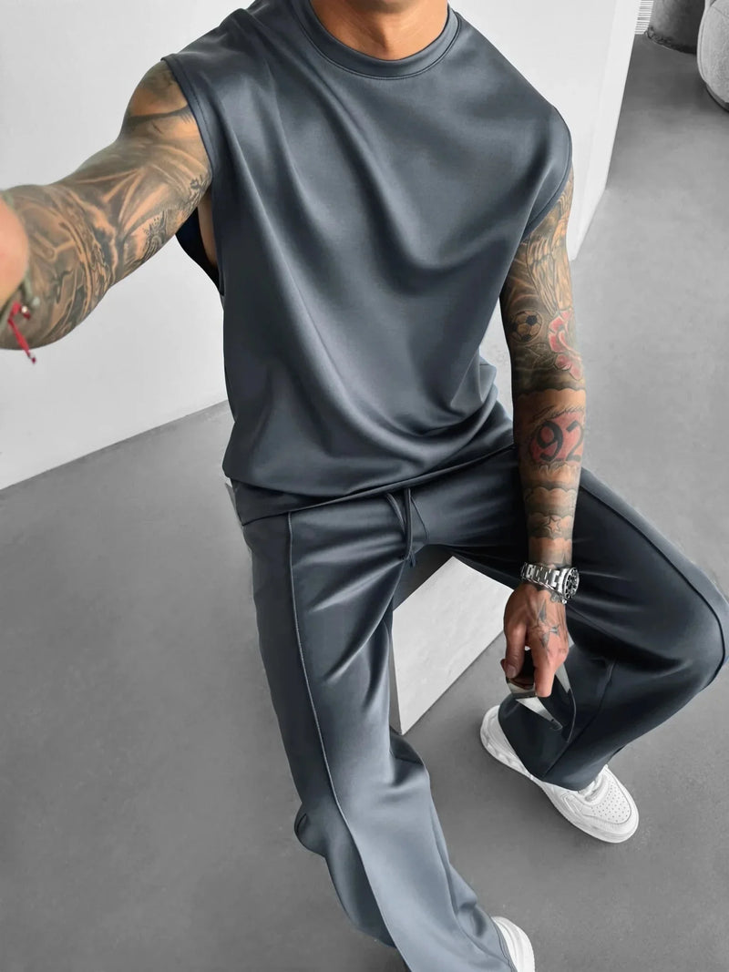 2025 Men's casual sleeveless crewneck suit, summer fashion all-match wide-leg pants trend sports street T-shirt two-piece set