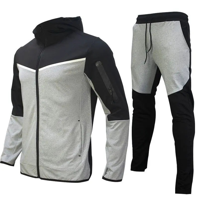 Men's Autumn-Winter Full Set with Hood Sports Jacket ,Sweatshirt Long Sleeves Pants Color-blocked Open Cardigan TightHoodie Suit