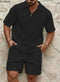 2025 Men's Summer Waffle Casual Suit Sets Solid Plaid Loose Sport Sets Half Zip Short-sleeved Polo Shirt Shorts Men Tracksuit