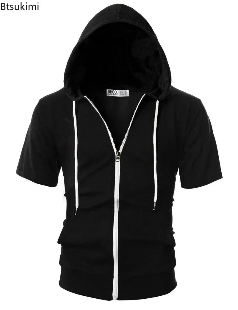 New 2025 Men's Casual Sweatshirts Short Sleeve Hoodies Jacket Solid Slim Zip Man Sport Tops Comfotable Outdoor Clothes for Men