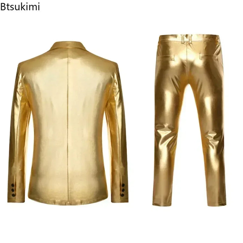 Men's Suit Sets Chic Shiny Gold 2 Pieces Suits Blazer+Pants Sets Stage Perform Clothes Party Nightclub Dancer Costume Sets Men
