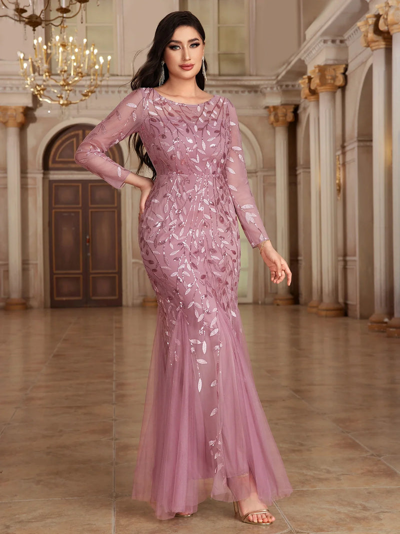 2024 Hot Sale Mermaid Evening Dresses O-Neck Full Sleeve Tulle Embroidery Long Party Gown Elegant Formal Dress