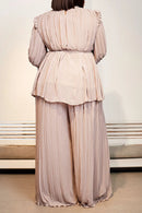 Women's Plus Size Two Piece Pant Set Casual Apricot Pleated Long Sleeves Wrap Elegant Office Lady Wide Leg Autumn Matching Sets