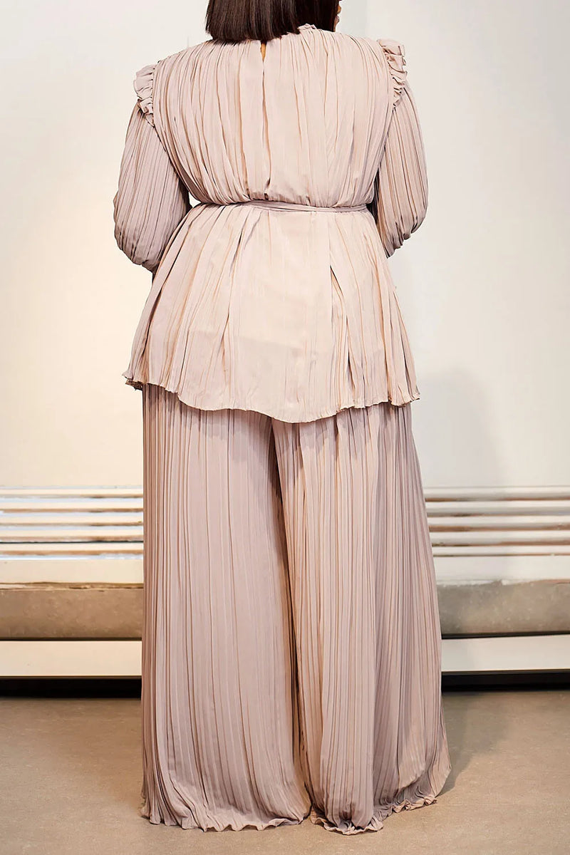 Women's Plus Size Two Piece Pant Set Casual Apricot Pleated Long Sleeves Wrap Elegant Office Lady Wide Leg Autumn Matching Sets