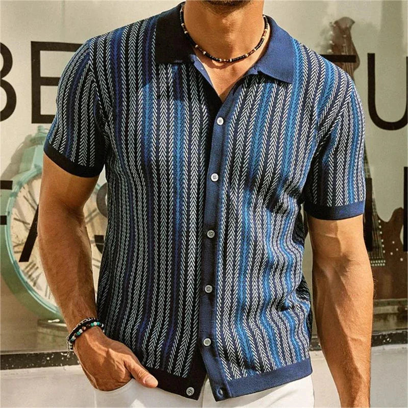 High End Jacquard Striped Polo Shirts For Men Short Sleeve Elastic Summer Quality Viscose Knitted Smart Casual Camisas De Hombre