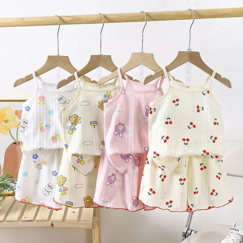 Sling+Shorts Suit Summer Girl's All Cotton Pajamas Infantil Cartoon Printed Sleeveless Home Clothes Fashion Cute Vest Two Piece