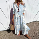 New Women's V-neck Single Breasted Shirt Dress Casual Loose Bohemian Long Dress 2025 Retro Pattern Printed Loose Vacation Dress