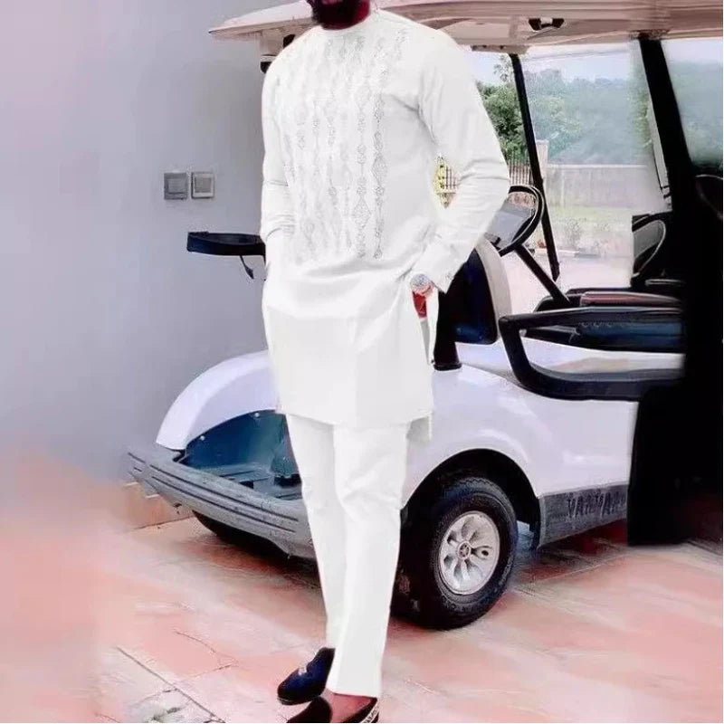 Men's fashion casual pink geometric print long sleeve two-piece set