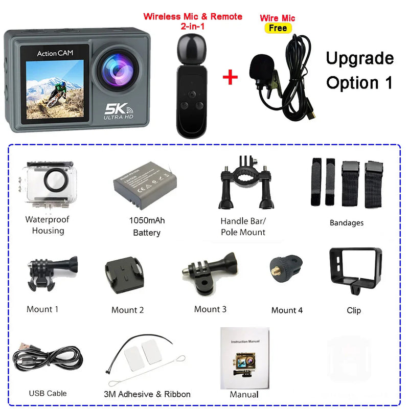 5K 4K60FPS Action Camera Dual IPS Touch LCD DVR EIS 170° 30M Waterproof 5X Zoom Sport Camera With Wireless Mic&Remote Control