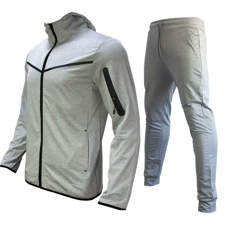 Men's Autumn-Winter Full Set with Hood Sports Jacket ,Sweatshirt Long Sleeves Pants Color-blocked Open Cardigan TightHoodie Suit