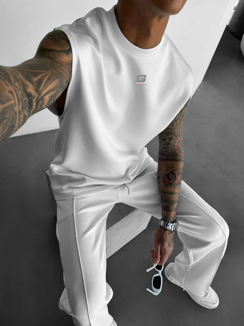 2025 Men's casual sleeveless crewneck suit, summer fashion all-match wide-leg pants trend sports street T-shirt two-piece set