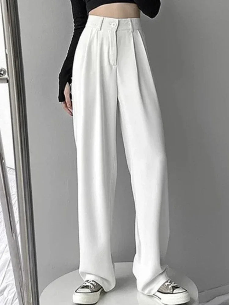 Women Suit Pant Korean Elastic High Waist Straight Pants Casual Loose Solid Simple Wide Leg Trousers Commuting Autumn Winter