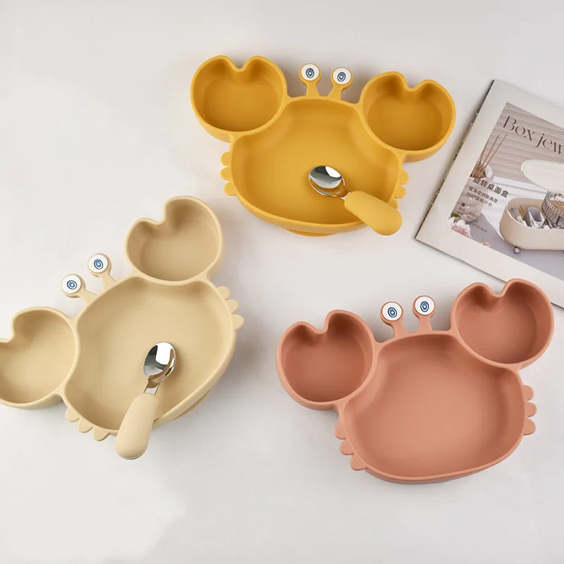 3Pcs/Set Baby Safe Silicone Dining Plate Food Feeding With Spoon Fork Cartoon Children Dishes Prevent Tipping Over And BPA Free