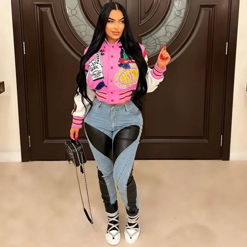 Letter Print Color Patchwork Woolen Varsity Jacket Women Long Sleeve Single Breasted Short Baseball Coat Casual Sporty Outwear