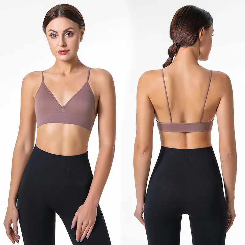Nylon Fitness Yoga Top Deep V Sexy Triangle Cup Bralette Boneless Sports Bra Red Seamless Push Up Bra Women's Tube Top Crop Top